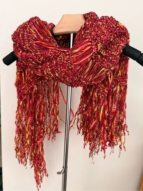Handmade Red Multicolor Fringe Knit Wrap Scarf